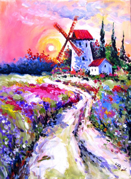 Flowers field with mill