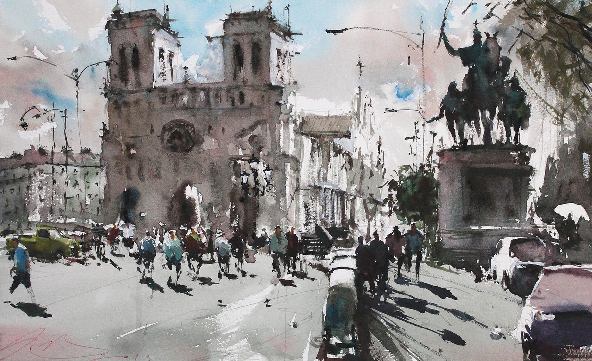 Impressionistic Cityscapes Watercolour By Maximo Damico, 15 X 9", Charlemagne In Notre Dame, Original Artwork