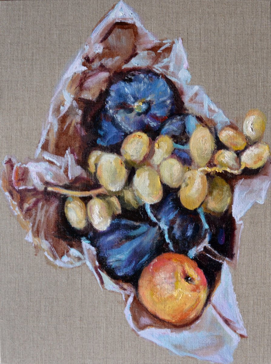 Impressionistic Still Life Oil Painting By Anna Brazhnikova, 12 X 16, Figs, Dates & A Peach, Original Artwork