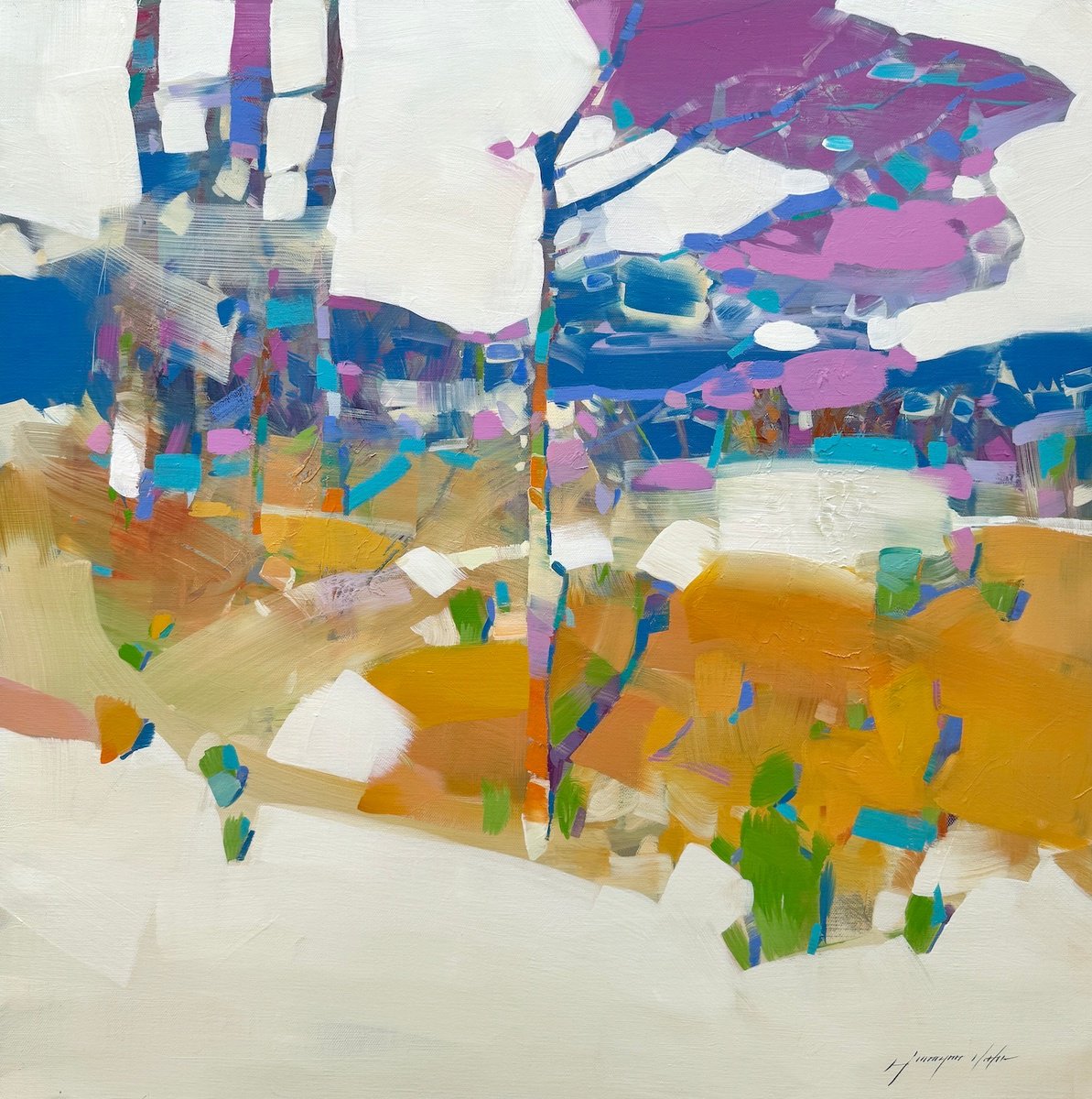 Impressionistic Landscape Oil Painting By Vahe Yeremyan, 30 X 30", Purple Grove, Original Artwork