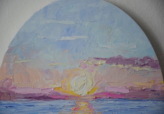 Landscape oval oil painting, sunset seascape wall art, calming decor