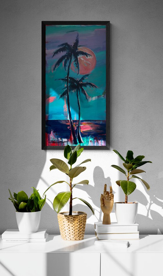 Delicate painting - "Pink moon" - Pop Art - palms and sea - night seascape - 2022