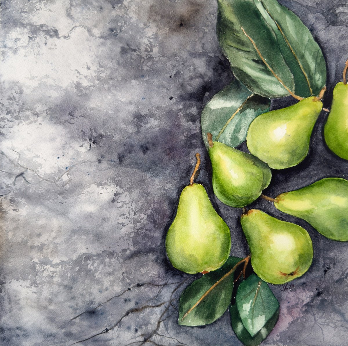 Photorealistic Watercolour , Whispers Through The Wall: Green Pears By Irina Kurganskaya, 12 X 12, Artwork For Sale On Artfinder