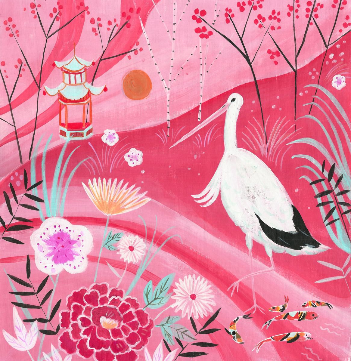 Illustrative Acrylic Painting , Japanese Dreams By Mary Stubberfield, 11 X 12, Artwork For Sale On Artfinder