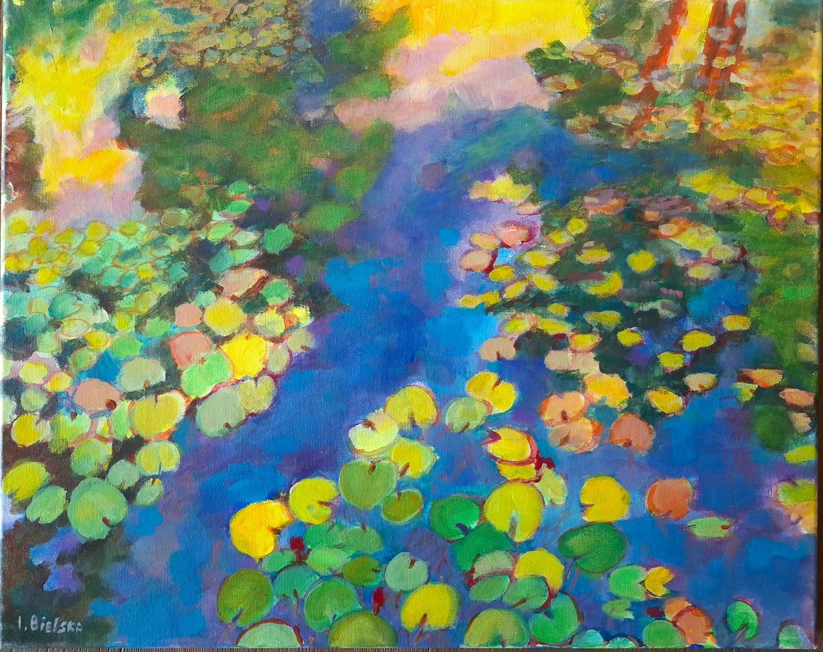 Impressionistic Botanical Acrylic Painting By One Air Art Studio, 20 X 16", Water Lilies, Original Artwork