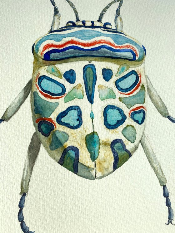 Picasso beetle in the sun's rays like a living canvas demonstrates nature's creativity in bright colour