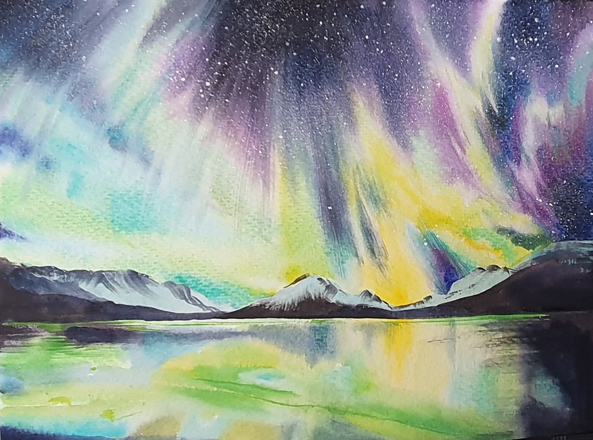 Impressionistic Landscape Watercolour By Sonata Art, 16 X 12", Winter Glow: Watercolor Lights Over The Lake, Original Artwork