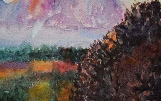 Mountains Painting, Fall Landscape Watercolor Painting, Slovak original wall art