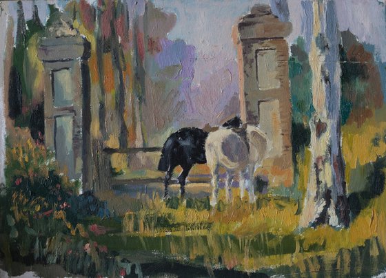 Oil painting sketch with 2 horses.