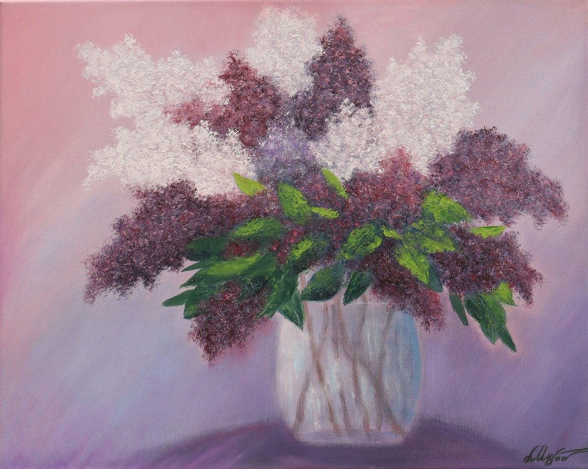 Impressionistic Botanical Oil Painting By Ludmilla Ukrow, 20 X 16", Lilac In A Vase, Original Artwork