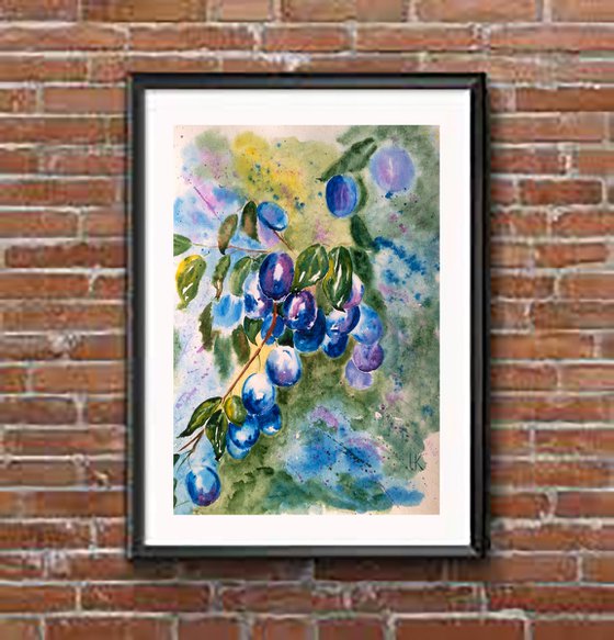 Plums Painting Fruit Original Art Plum Tree Watercolor Plum Branch Artwork Small Wall Art 12 by 17" by Halyna Kirichenko