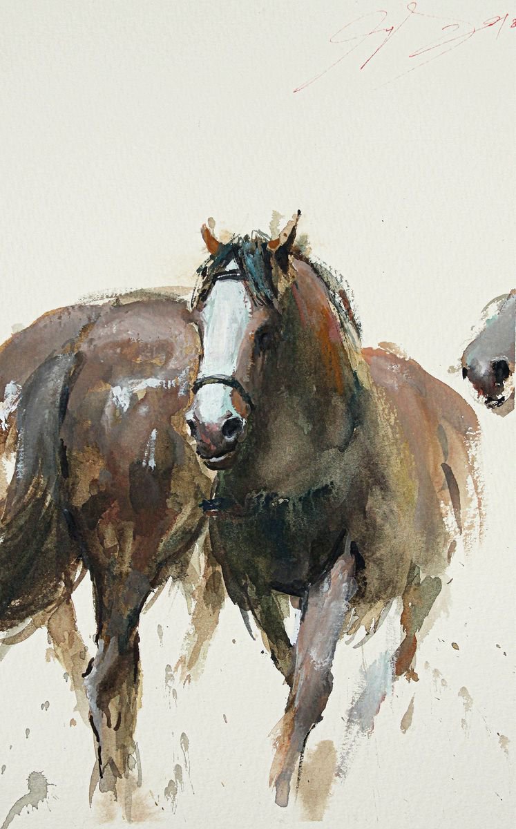 Impressionistic Animal Watercolour By Maximo Damico, 8 X 12", Wild Horses, Original Artwork