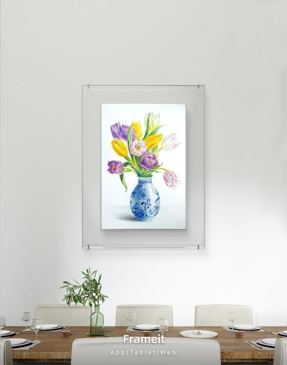 Realism yellow violet tulips in delft vase.