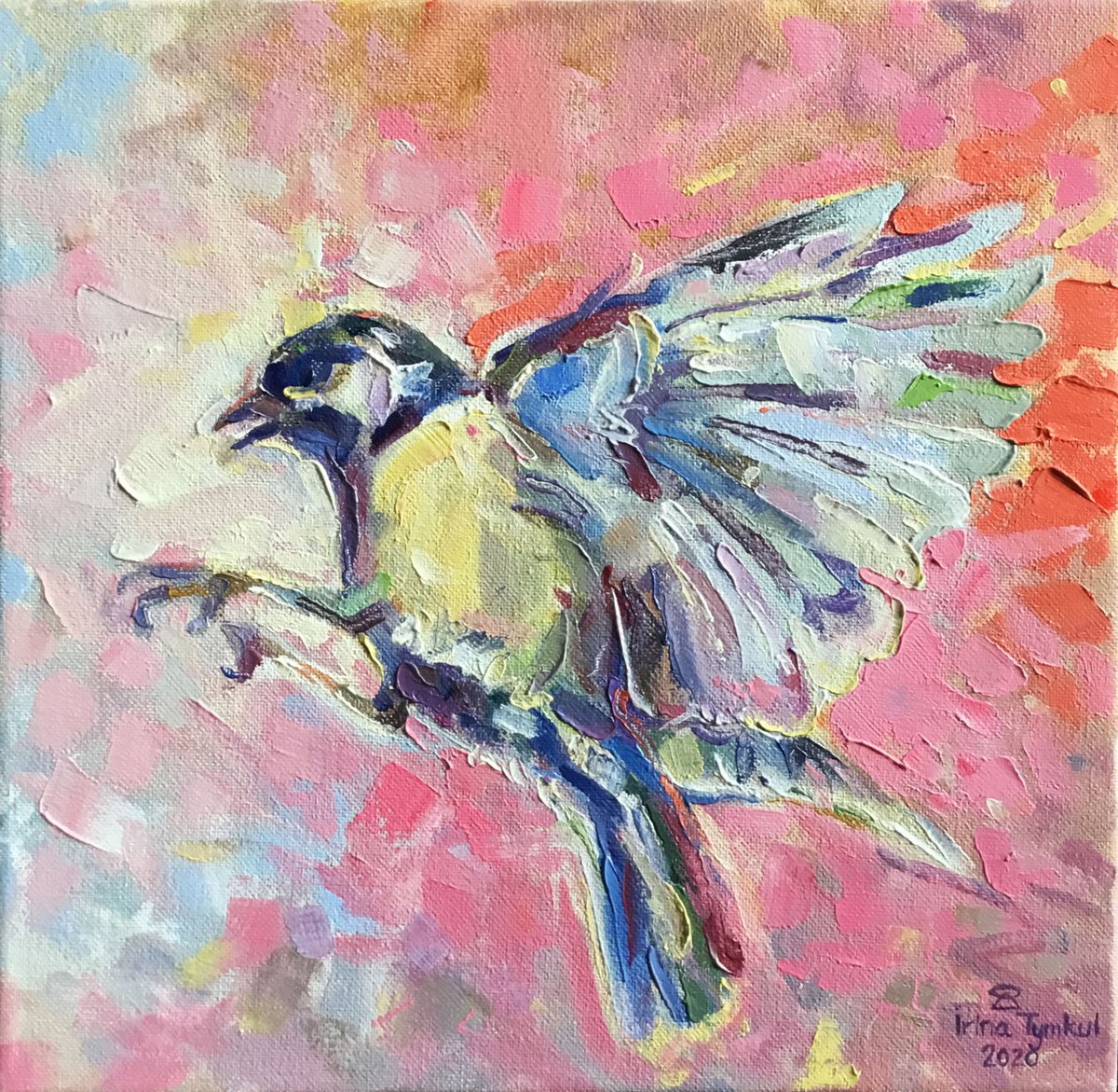 Titmouse in pink Painting by Iryna Tymkul