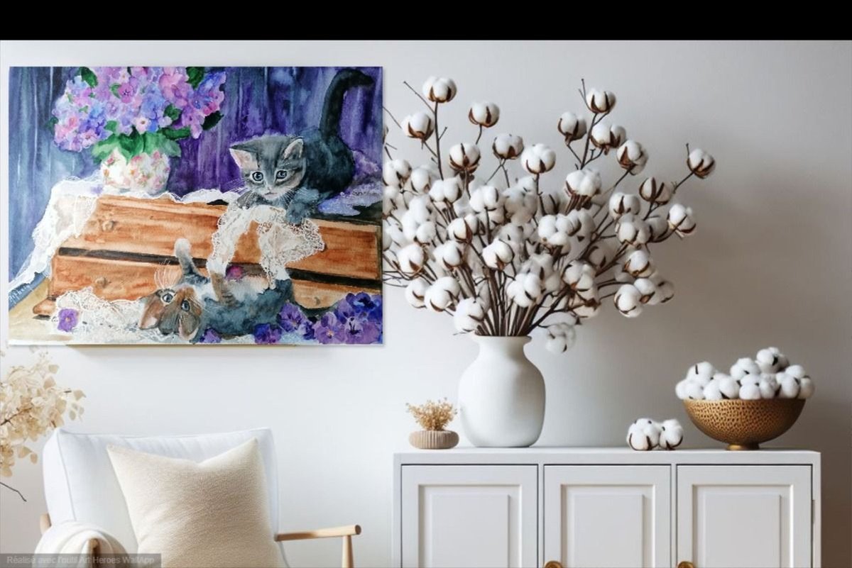 Impressionistic Animal Watercolour By Martine Vinsot, 15 X 11", Les Chatons, Original Artwork