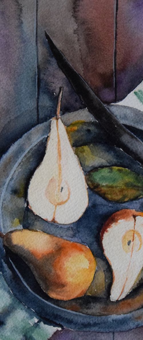 Watercolor painting Still life with pears and knife on a plate by Kate Grishakova