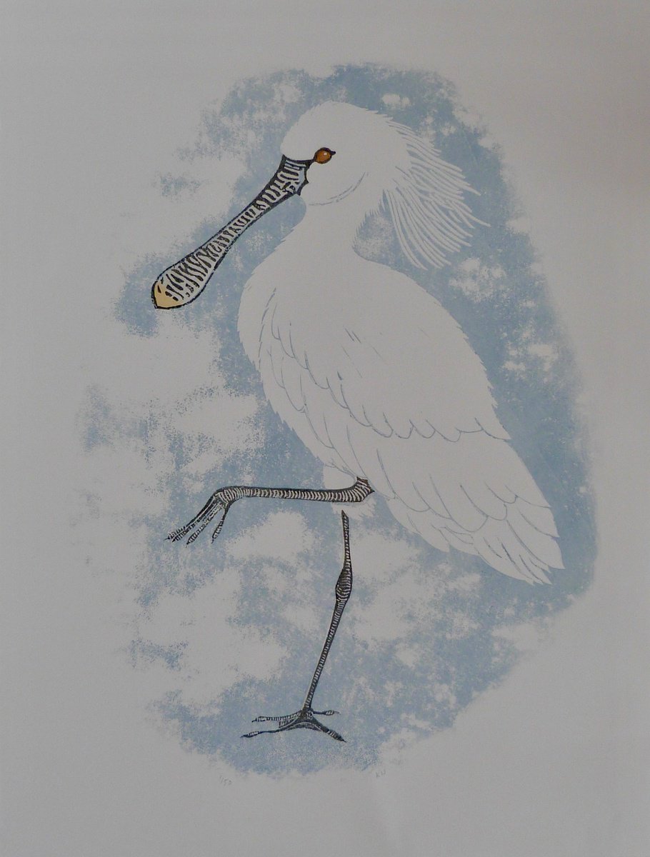 Expressive Animal Linocut By Kate Willows, 18 X 24", Spoonbill, Original Artwork