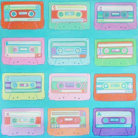 Play it again (cassette tapes, retro music, 70's, 80's rock culture, large canvas artwork)