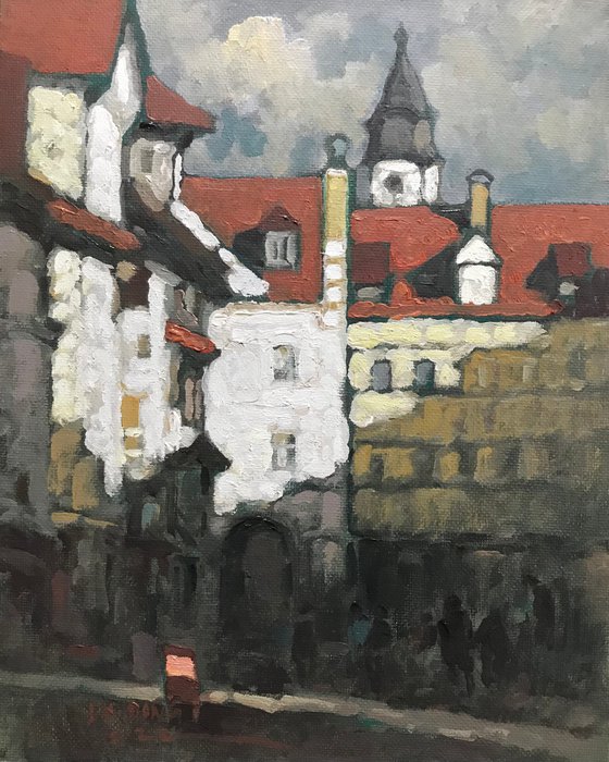 Original Oil Painting Wall Art Signed unframed Hand Made Jixiang Dong Canvas 25cm × 20cm Cityscape Morning Konstanz Lake Germany Small Impressionism Impasto