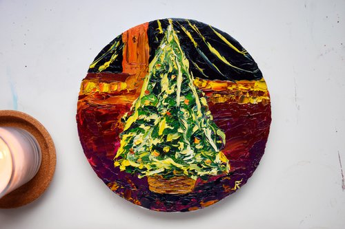 Christmas tree original oil painting on canvas, small round artwork, holiday decor, Christmas gift by Kate Grishakova