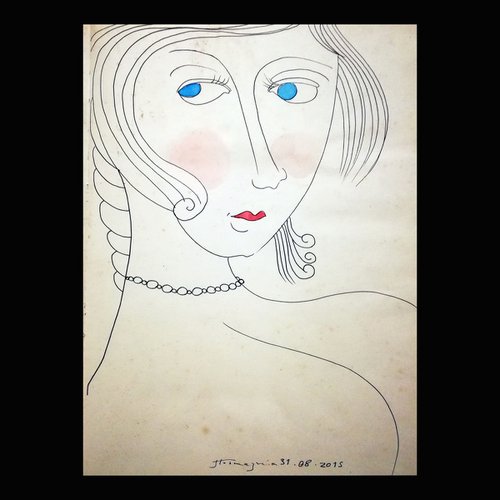 Blue Eyes, Pen drawing on paper, 21x29cm by Jamaleddin Toomajnia
