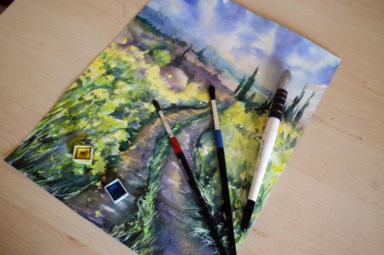 Landscape original watercolor painting Road in the field impressionist stile artwork floral wall art nature wildflowers herbs native-grasses
