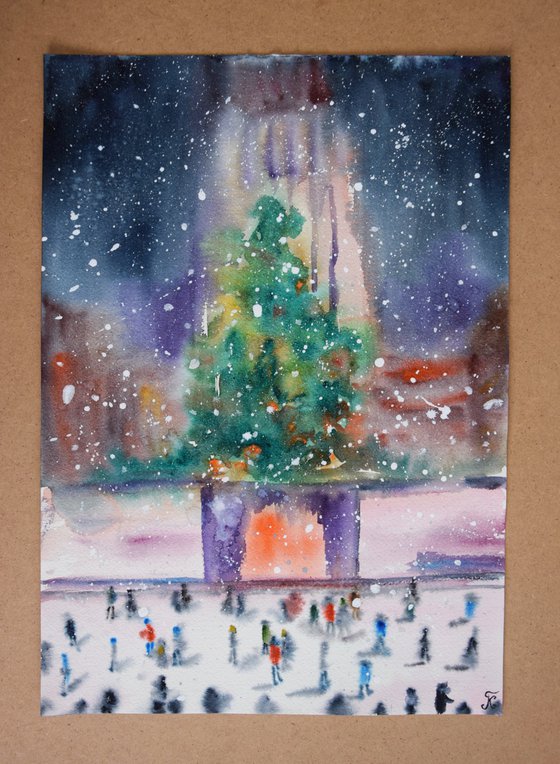 Winter New York watercolor painting, New Year Rockefeller Center, original abstract cityscape, snowy Manhattan