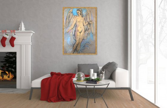 ANGEL - Graphics - Drawing - XL Large Nude Art - original painting drawing angel love gold beautiful female nude Paris architecture - Christmas gift