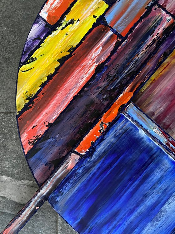 "Shape Up or Ship Out" - Save As A Series - Original PMS Sculptural Oil Painting Assemblage Diptych On Broken Wooden Pieces and Circular Wooden Panel - 63 x 28 inches