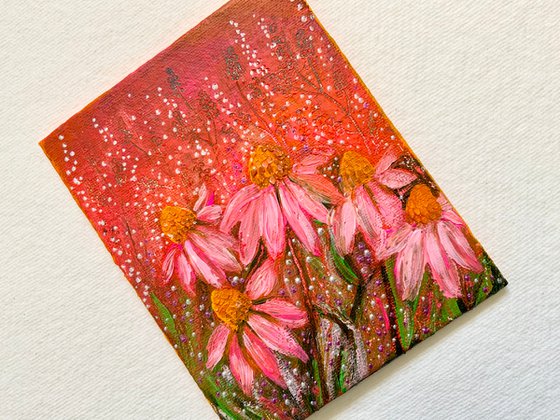 Pink Echinacea, small acrylic landscape canvas board painting