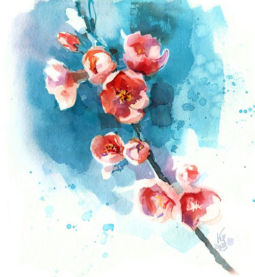 Original watercolor painting "Spring. Blooming quince twig" by Ksenia Selianko