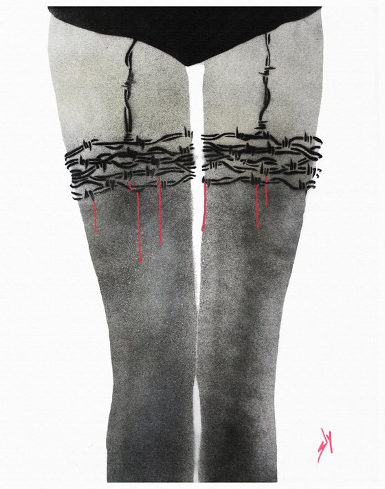 Barbed wire stockings (on canvas).