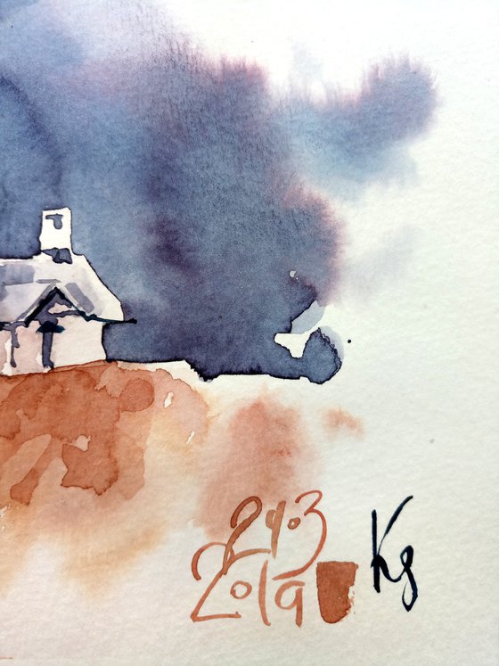 Landscape "Lighthouse. Storm at sea" original watercolor artwork in square format