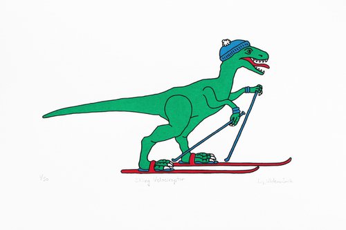 Velociraptor skier by Liz Whiteman Smith