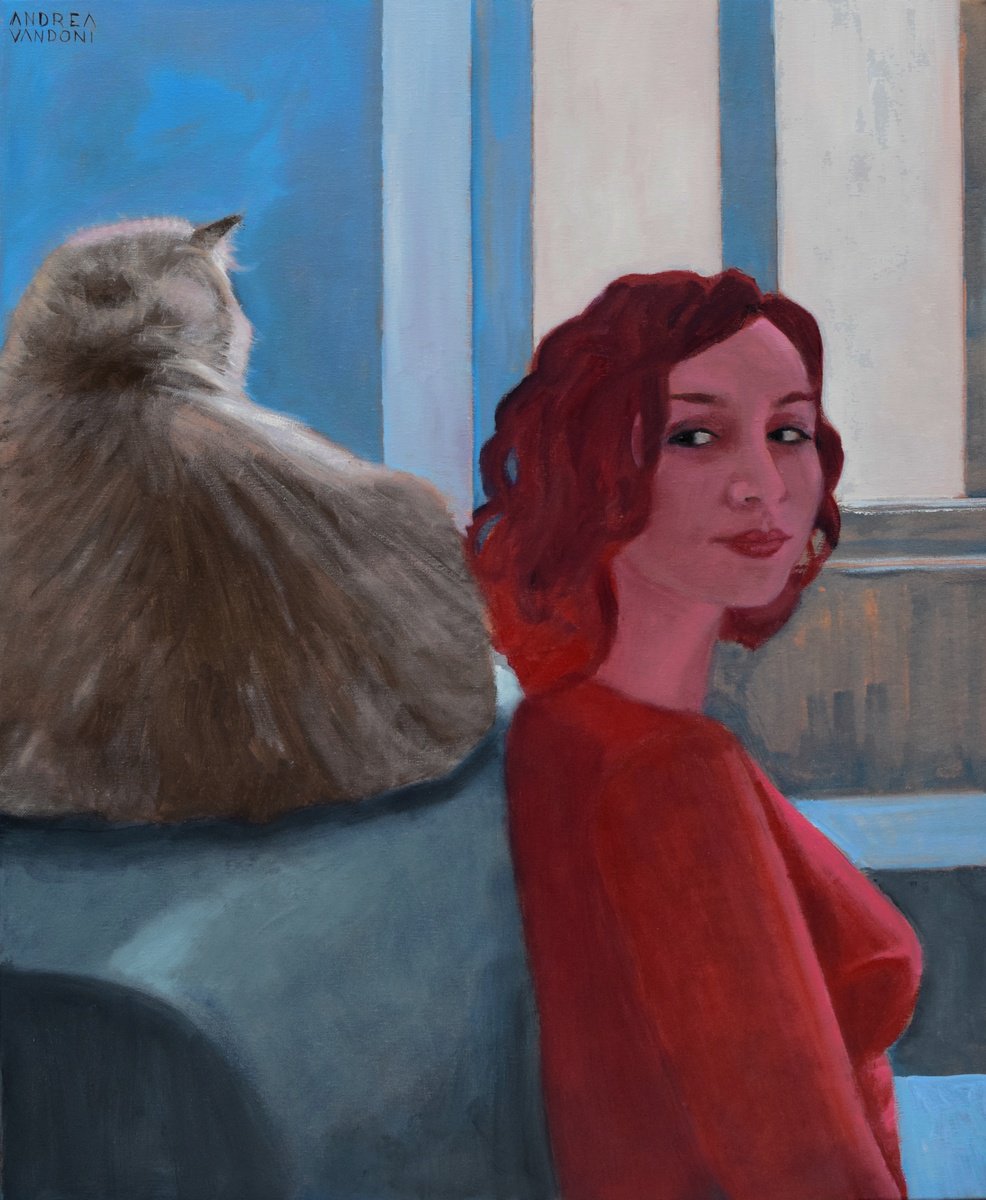 Impressionistic Portrait Oil Painting By Andrea Vandoni, 24 X 29, A Cat, A Girl, Original Artwork
