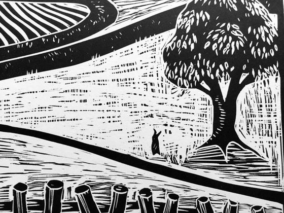 Linocut. Out in the Field.