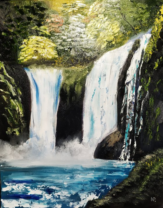 Waterfall, original landscape oil painting, gift, bedroom art