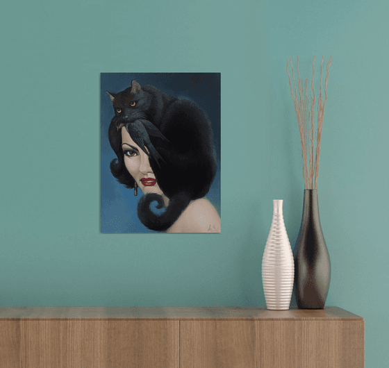 Black cat 30x40cm, oil painting, surrealistic artwork