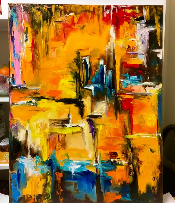 Modern Abstract City, orange sunset, palette knife original oil painting.