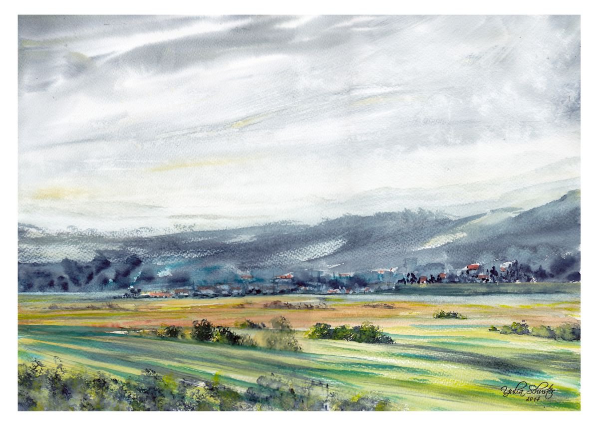 Impressionistic Landscape Watercolour By Yulia Schuster, 19 X 13", My Fields 1., Original Artwork