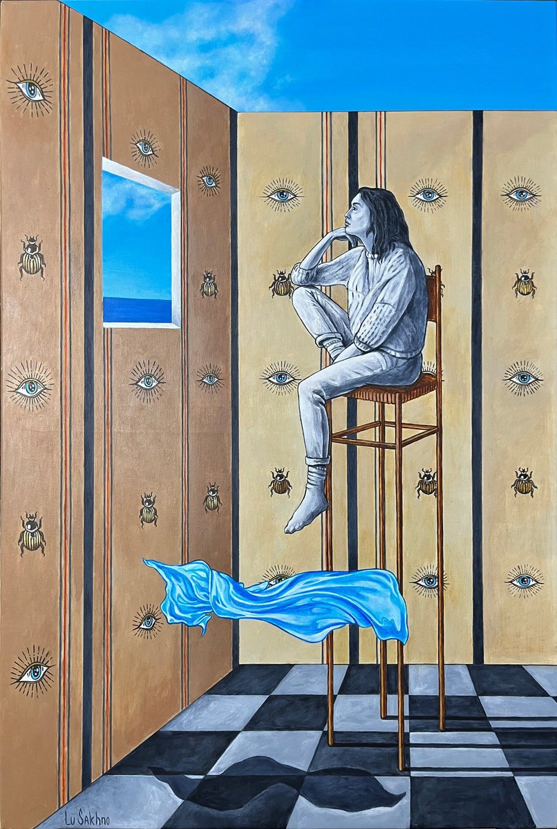 Surrealistic Portrait Acrylic Painting By Lu Sakhno, 24 X 35", The View, Original Artwork