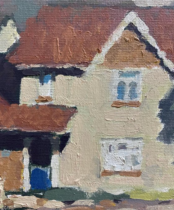 Original Oil Painting Wall Art Artwork Signed Hand Made Jixiang Dong Canvas 25cm × 30cm Nice Neighborhood small building Impressionism