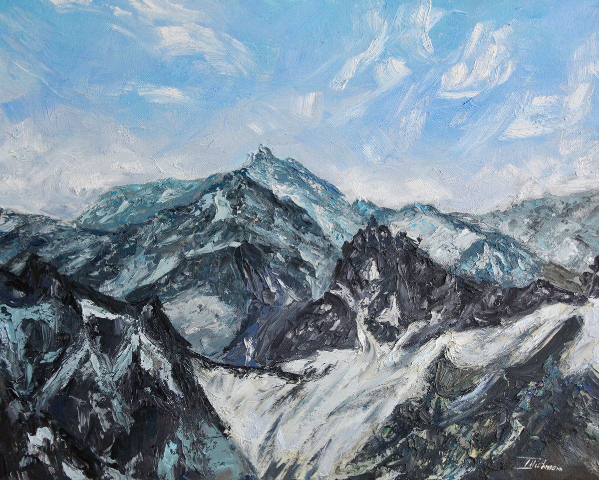 Impressionistic Landscape Oil Painting By Liza Illichmann, 20 X 16", The Alps From The Titlis Peak, Original Artwork