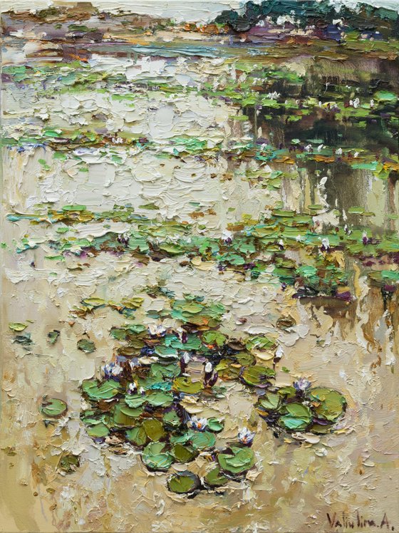 Water lily pond at sunset- Original Oil painting