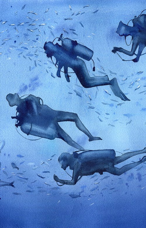 A group of divers deep underwater. Original artwork. by Evgeniya Mokeeva