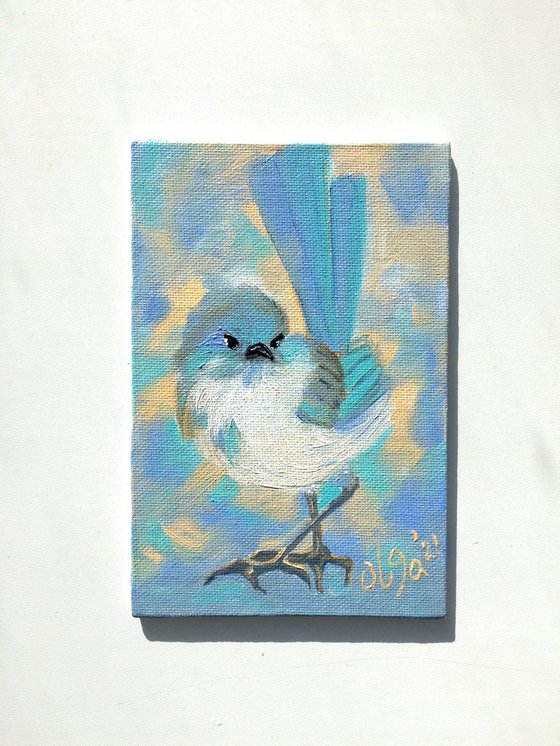 Splendid bird, miniature original oil painting.