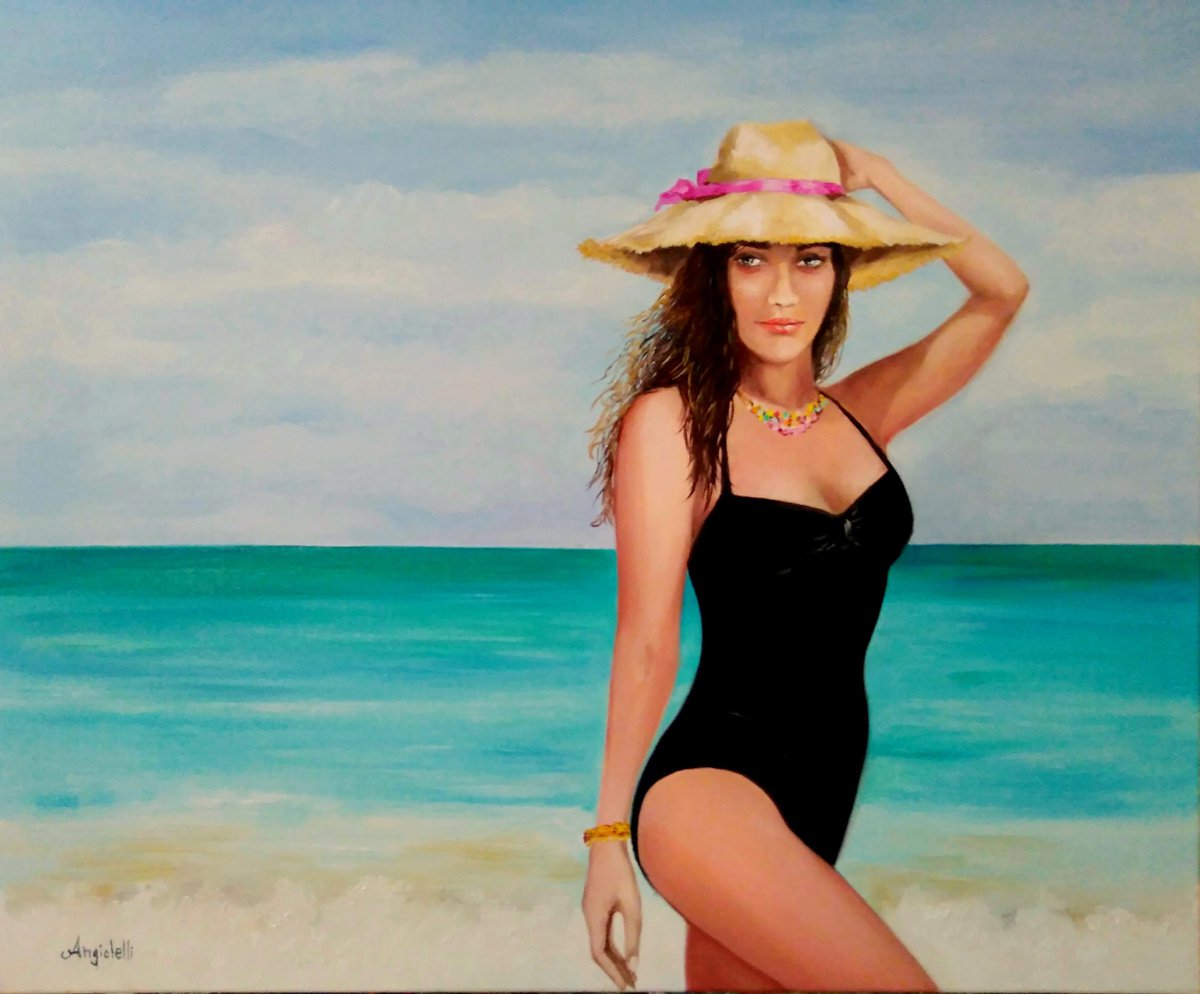 Beach - seascape - woman -potrait-original painting by Anna Rita Angiolelli