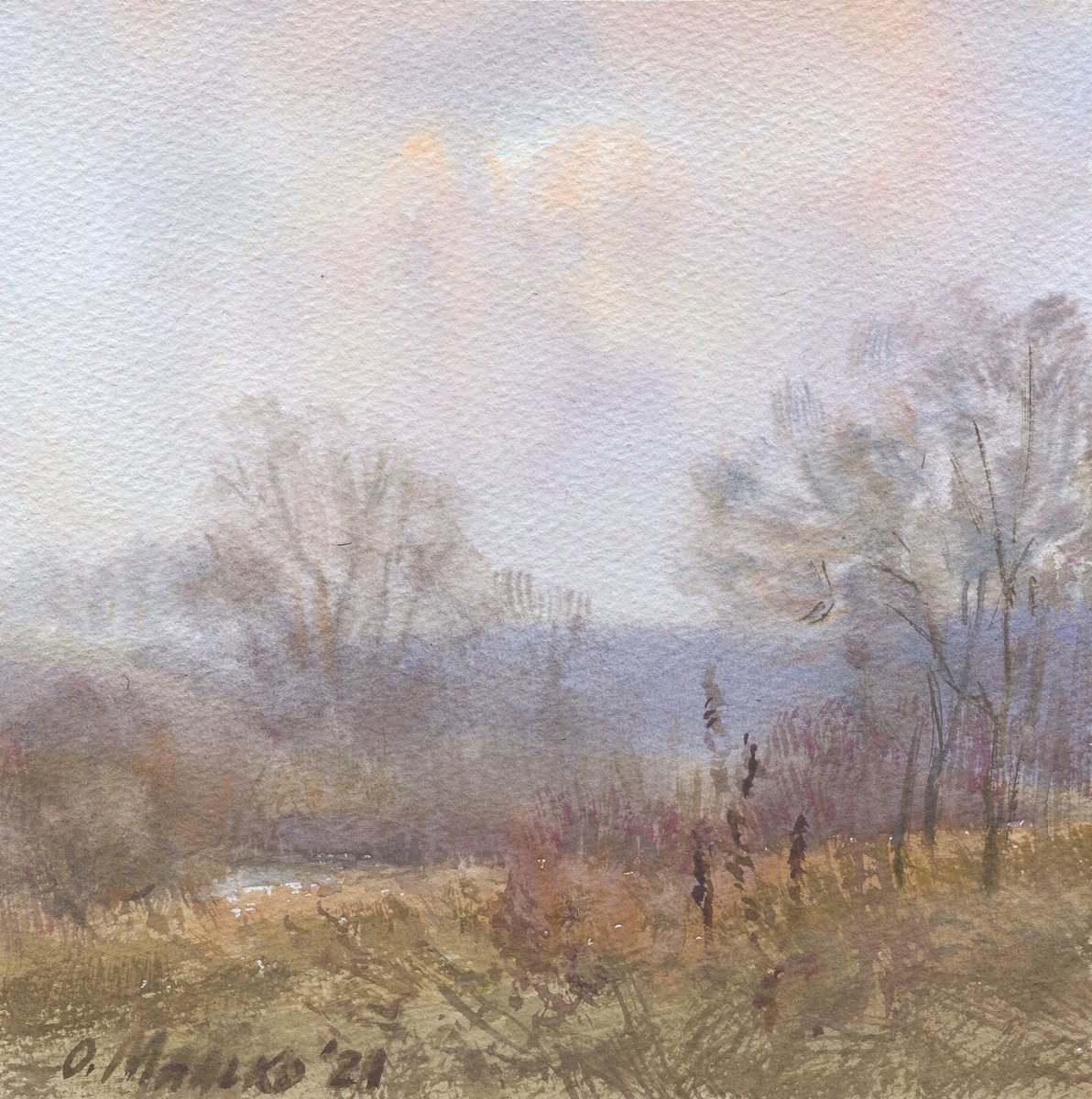 Smoky November / Fall landscape Original watercolor Plein air art work Calming painting by Olha Malko