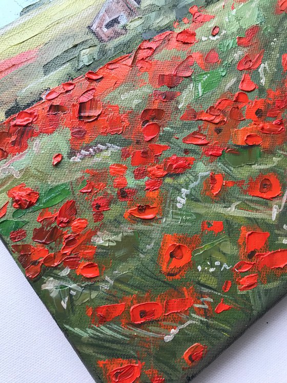 Poppy field landscape painting oil impasto art 25x25cm