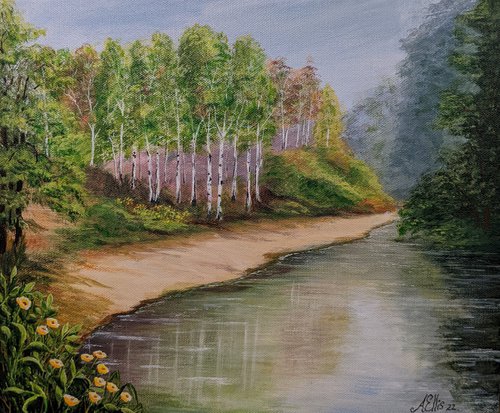 Silver Birch Trees by the River by Anne-Marie Ellis